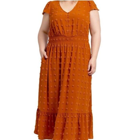 Daniel Rainn Ellen Swiss-Dot Maxi Dress, Burn Orange Pockets! XXL flounce sleeve - Picture 1 of 6